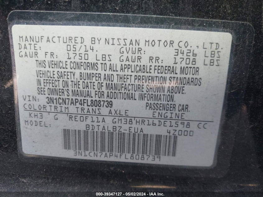 2015 NISSAN VERSA 1.6 SV - 3N1CN7AP4FL808739