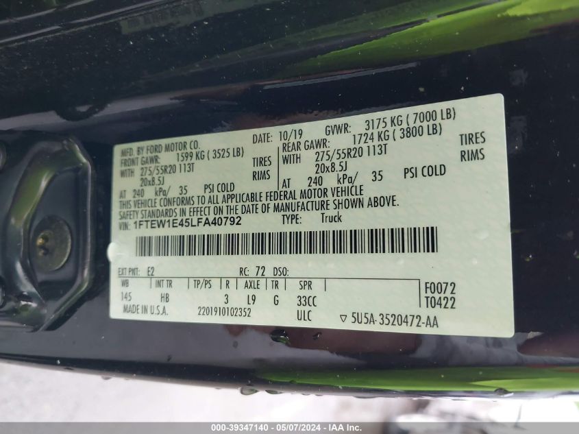 VIN 1FTEW1E45LFA40792 2020 FORD F-150 LARIAT