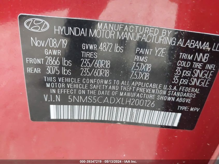 2020 Hyundai Santa Fe Limited VIN: 5NMS5CADXLH200126 Lot: 39347219