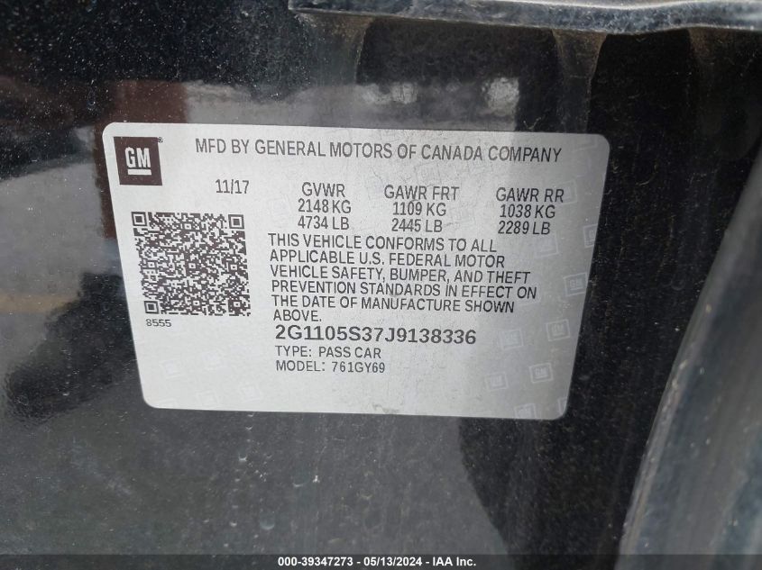 2018 Chevrolet Impala 1Lt VIN: 2G1105S37J9138336 Lot: 39347273