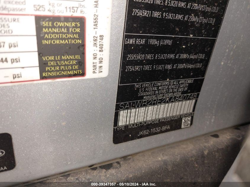 2019 Land Rover Range Rover Sport Supercharged Dynamic VIN: SALWR2RE2KA840748 Lot: 39347357