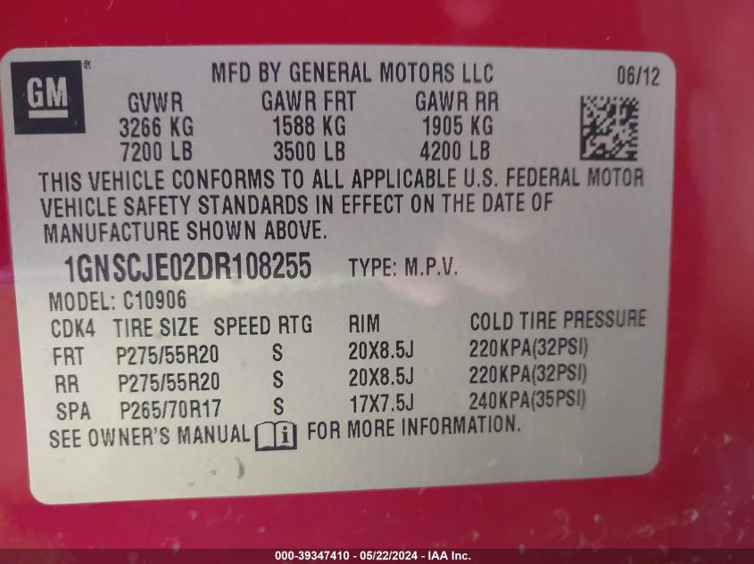 2013 Chevrolet Suburban 1500 Lt VIN: 1GNSCJE02DR108255 Lot: 39347410