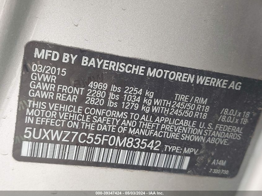 5UXWZ7C55F0M83542 2015 BMW X3 Sdrive28I