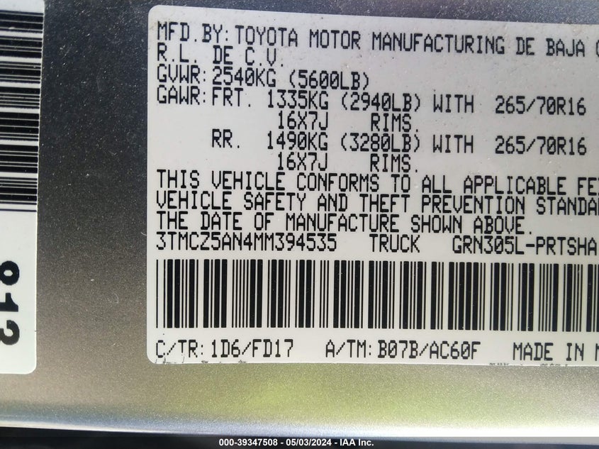 VIN 3TMCZ5AN4MM394535 2021 TOYOTA TACOMA TRD OFF-ROAD