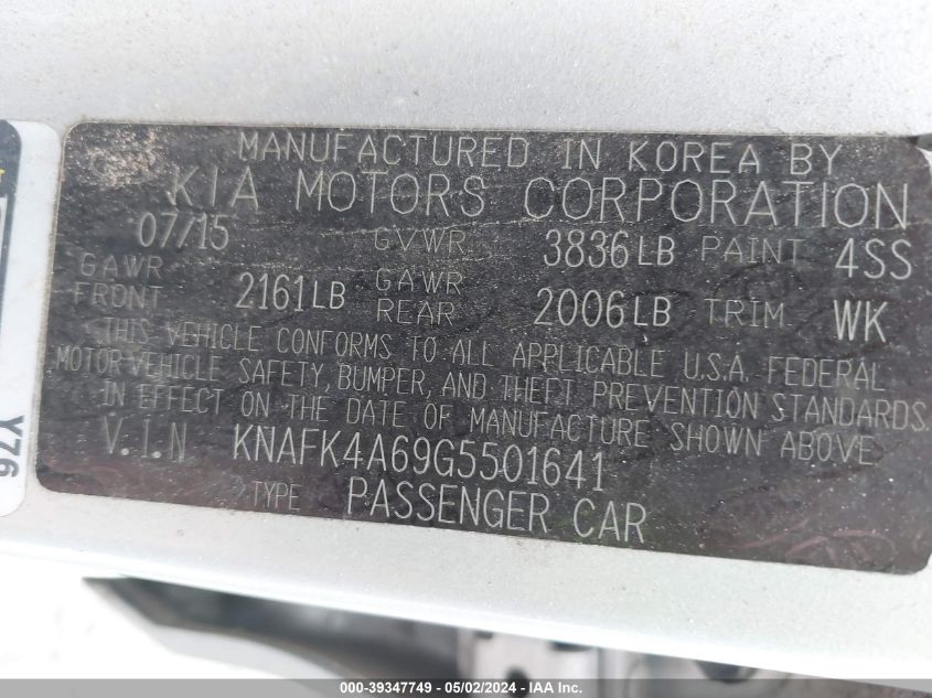 KNAFK4A69G5501641 | 2016 KIA FORTE