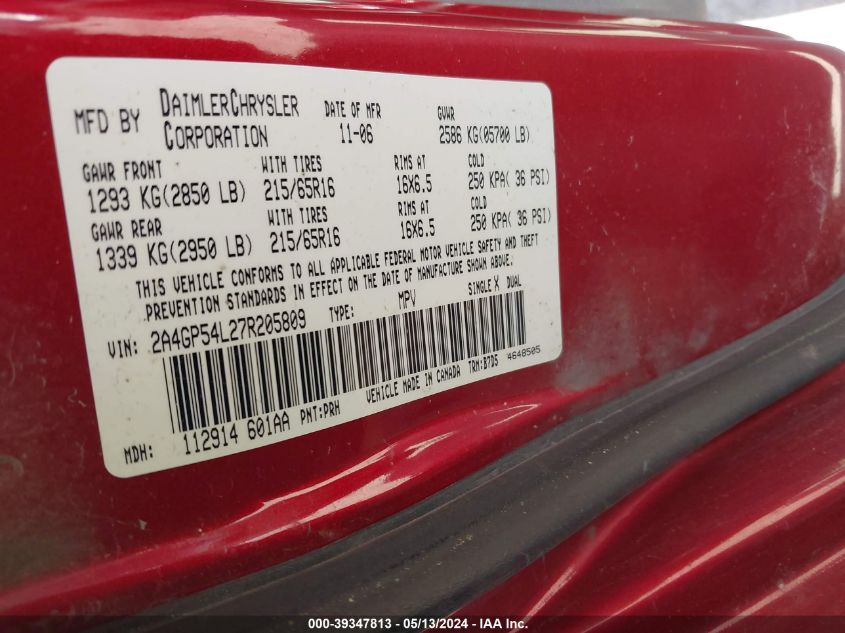 2007 Chrysler Town & Country Touring VIN: 2A4GP54L27R205809 Lot: 39347813