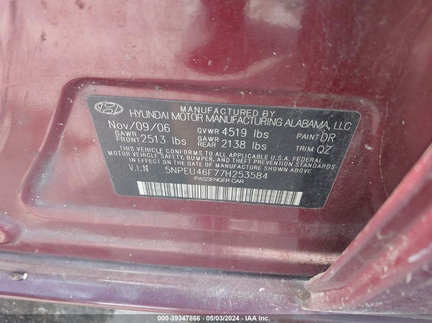 5NPEU46F77H253584 | 2007 HYUNDAI SONATA