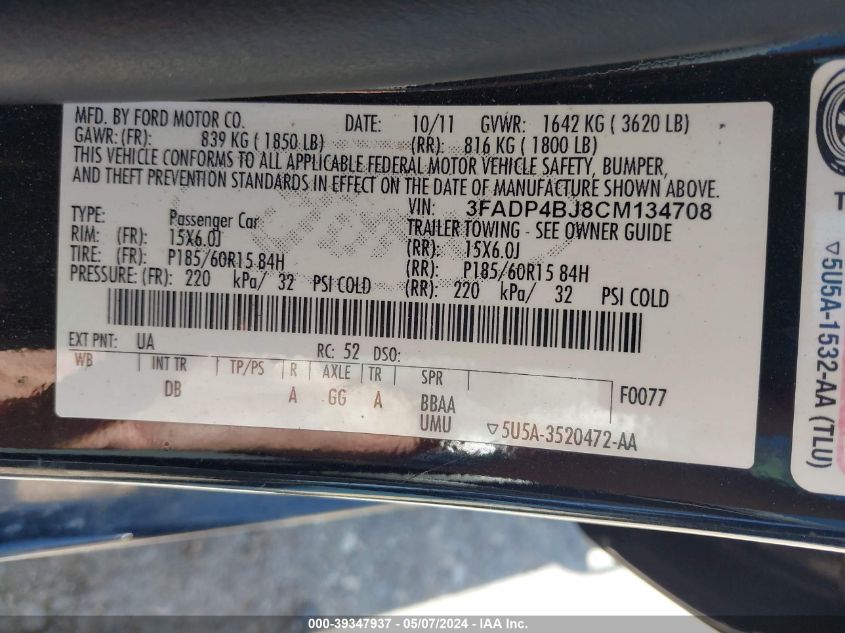 2012 Ford Fiesta Se VIN: 3FADP4BJ8CM134708 Lot: 39347937