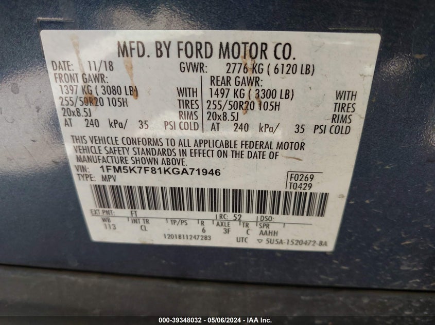 VIN 1FM5K7F81KGA71946 2019 FORD EXPLORER LIMITED