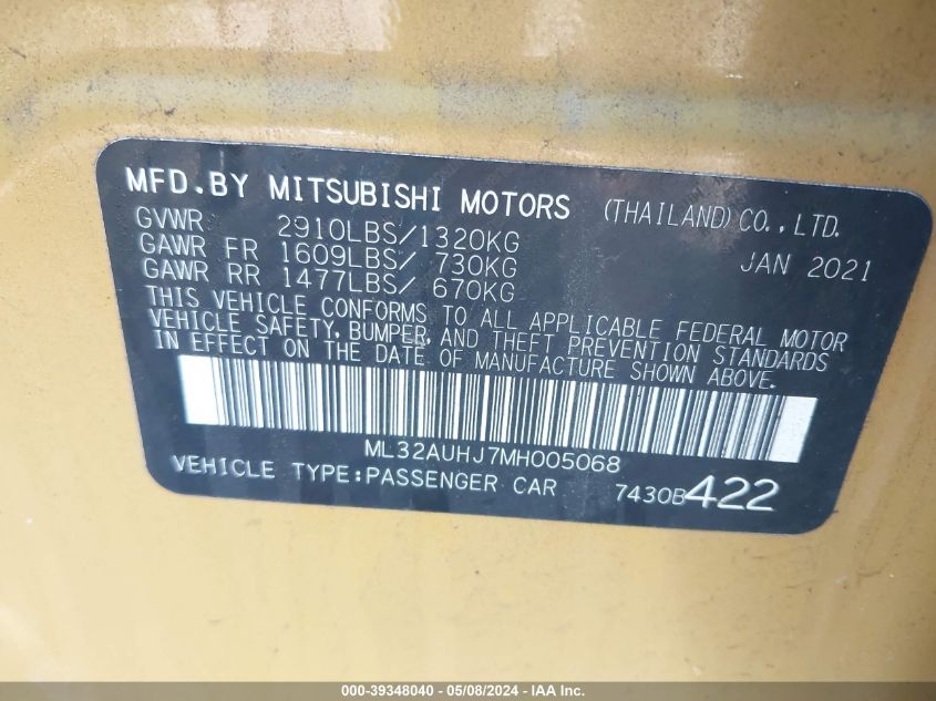 2021 Mitsubishi Mirage Carbonite Edition/Es/Le VIN: ML32AUHJ7MH005068 Lot: 39348040