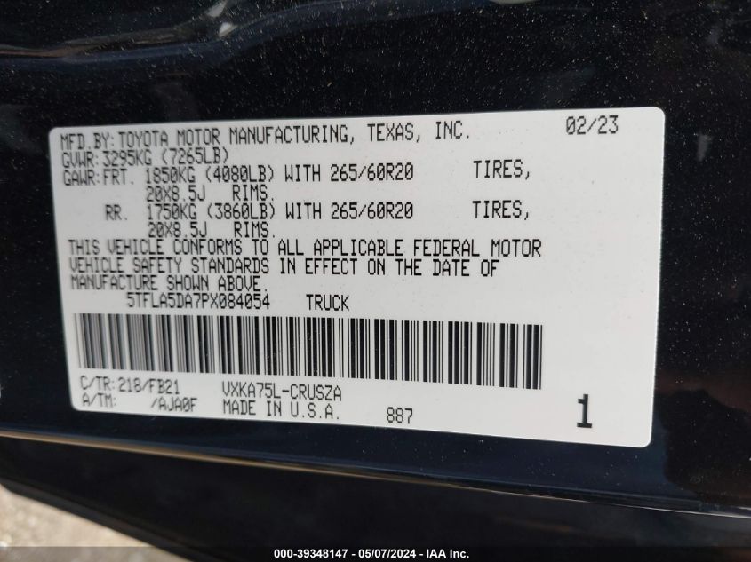 2023 Toyota Tundra Sr5 VIN: 5TFLA5DA7PX084054 Lot: 39348147