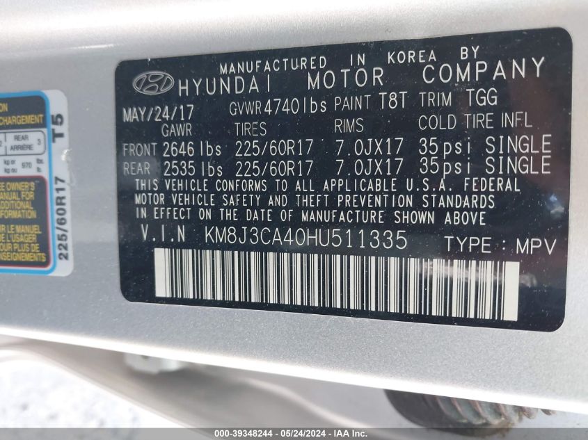 2017 Hyundai Tucson Se VIN: KM8J3CA40HU511335 Lot: 39348244