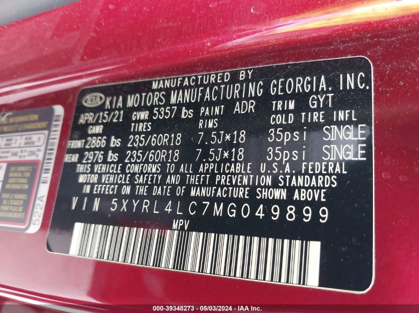 5XYRL4LC7MG049899 2021 Kia Sorento S