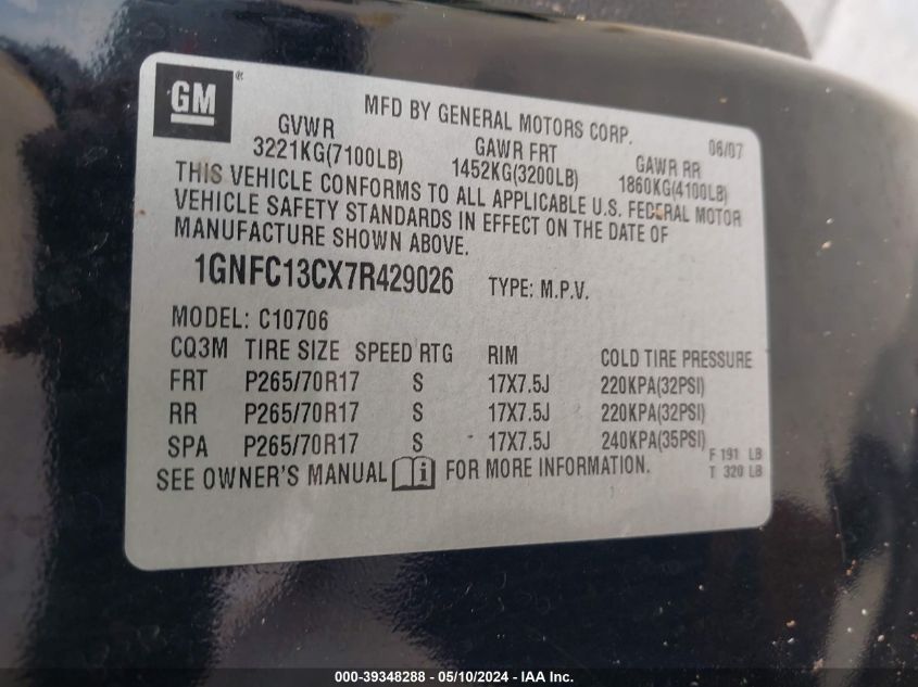 2007 Chevrolet Tahoe Ls VIN: 1GNFC13CX7R429026 Lot: 39348288