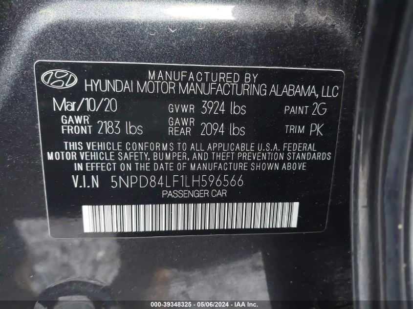 2020 Hyundai Elantra Sel VIN: 5NPD84LF1LH596566 Lot: 39348325