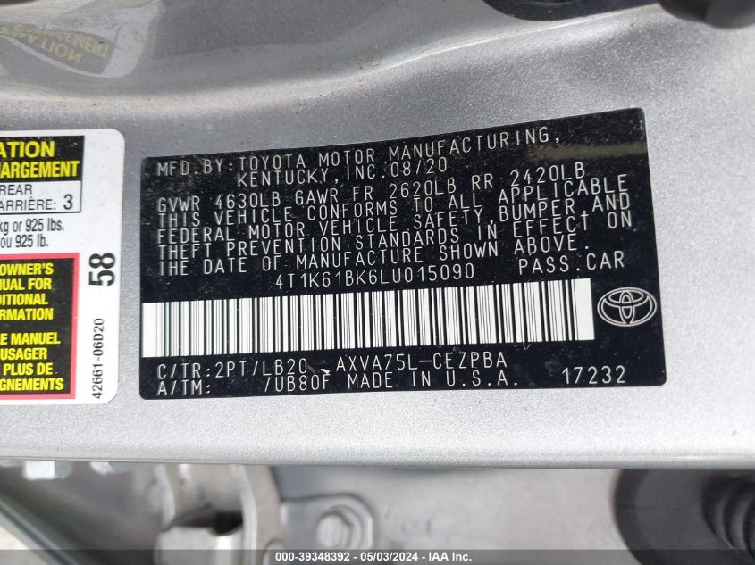 4T1K61BK6LU015090 2020 Toyota Camry Xse Awd