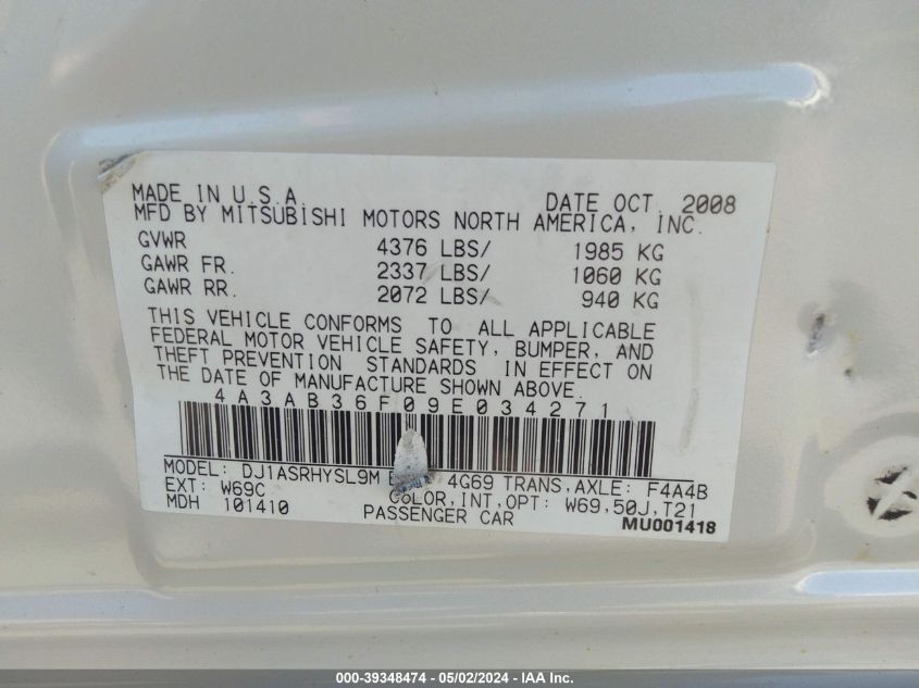 4A3AB36F09E034271 | 2009 MITSUBISHI GALANT