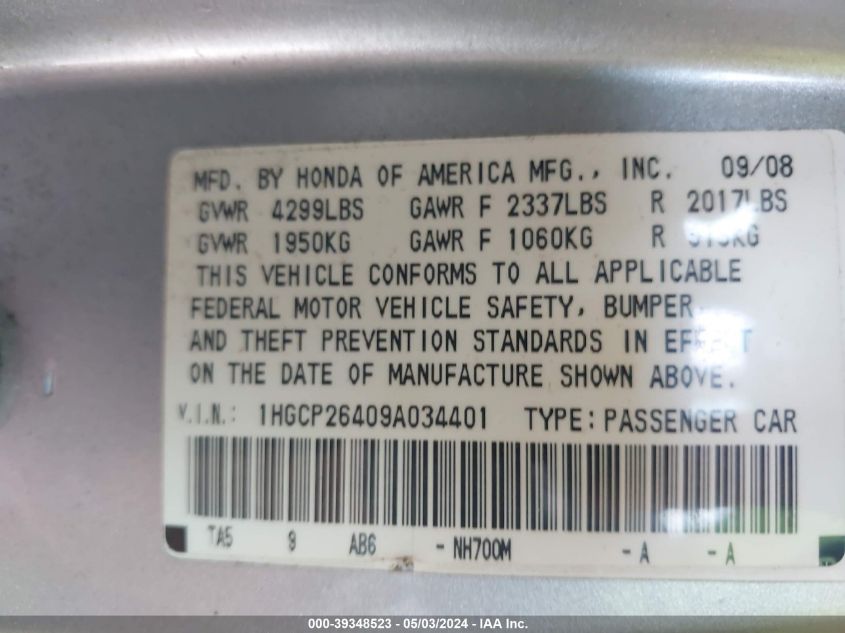 1HGCP26409A034401 | 2009 HONDA ACCORD