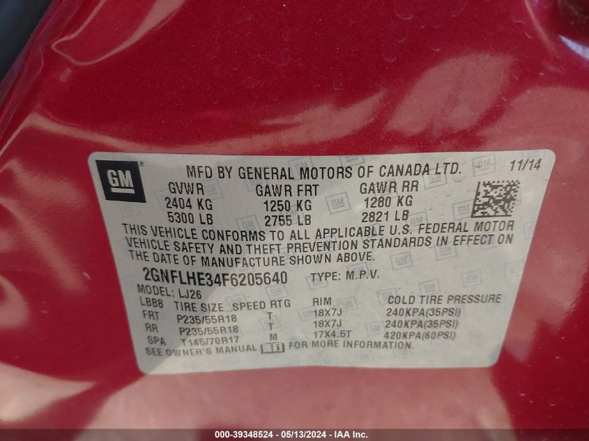 2015 Chevrolet Equinox Ltz VIN: 2GNFLHE34F6205640 Lot: 39348524