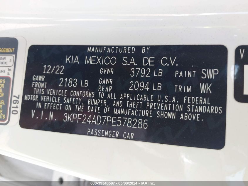 2023 Kia Forte Lxs VIN: 3KPF24AD7PE578286 Lot: 39348587