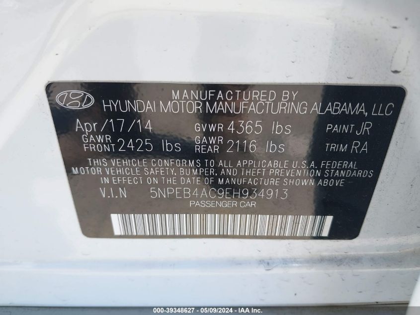 2014 Hyundai Sonata Gls VIN: 5NPEB4AC9EH934913 Lot: 39348627