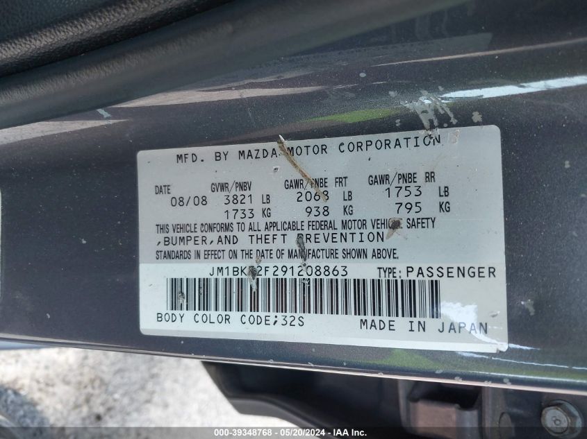 2009 Mazda Mazda3 I VIN: JM1BK32F291208863 Lot: 39348768