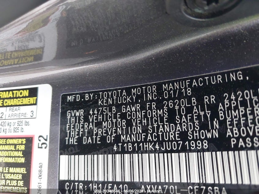 2018 TOYOTA CAMRY L/LE/XLE/SE/XSE - 4T1B11HK4JU071998