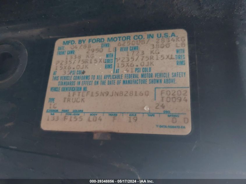 1988 Ford F150 VIN: 1FTES15N9JNB28160 Lot: 39348856