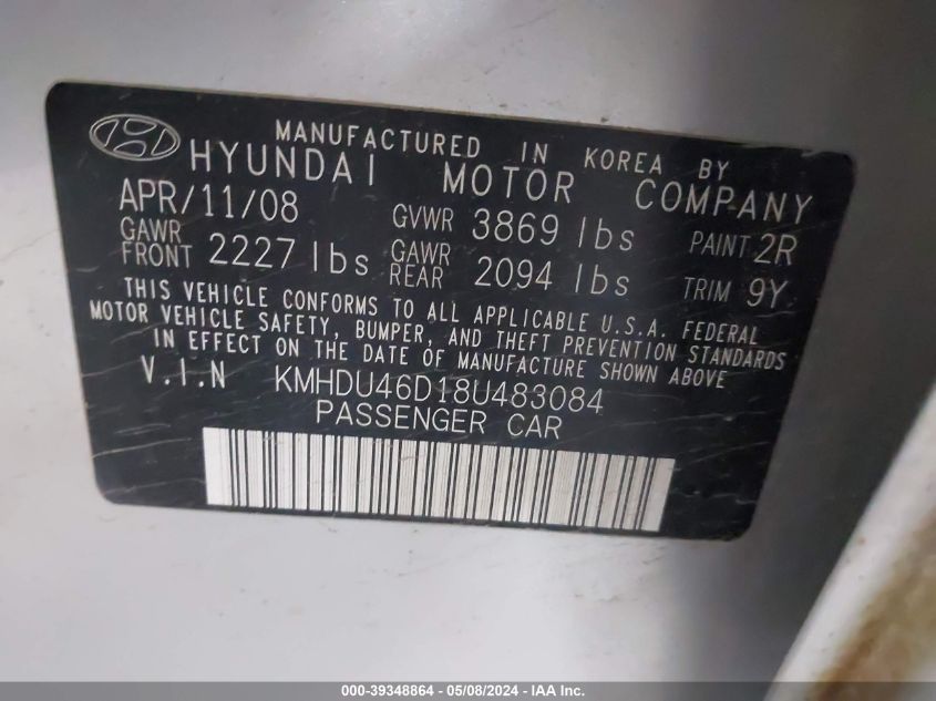 2008 Hyundai Elantra Gls/Se VIN: KMHDU46D18U483084 Lot: 39348864