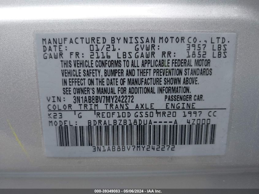 2021 Nissan Sentra S Xtronic Cvt VIN: 3N1AB8BV7MY242272 Lot: 39349083