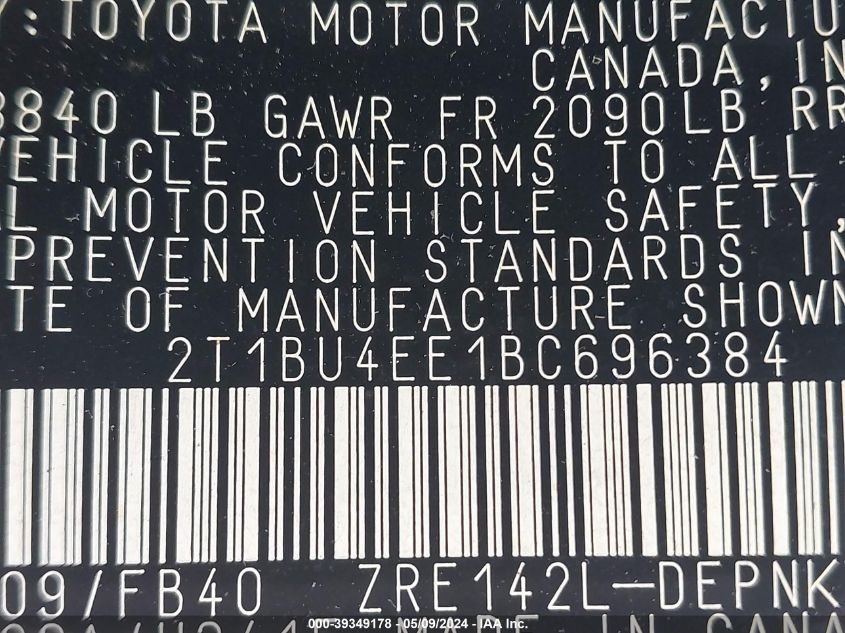 2011 Toyota Corolla Le VIN: 2T1BU4EE1BC696384 Lot: 39349178