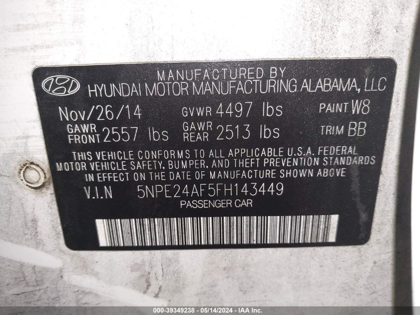 2015 Hyundai Sonata Se VIN: 5NPE24AF5FH143449 Lot: 39349238
