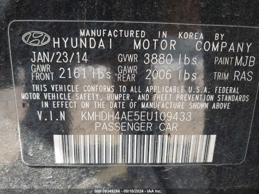 2014 Hyundai Elantra Se VIN: KMHDH4AE5EU109433 Lot: 39349266