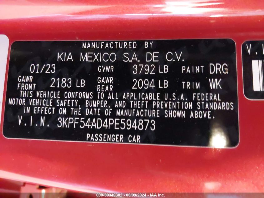 2023 Kia Forte Gt-Line VIN: 3KPF54AD4PE594873 Lot: 39349302