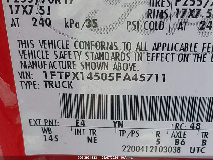 2005 Ford F-150 Fx4/Lariat/Xl/Xlt VIN: 1FTPX14505FA45711 Lot: 39349331