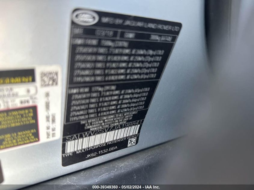 2018 Land Rover Range Rover Sport Hse Dynamic VIN: SALWV2SV7JA198841 Lot: 39349360