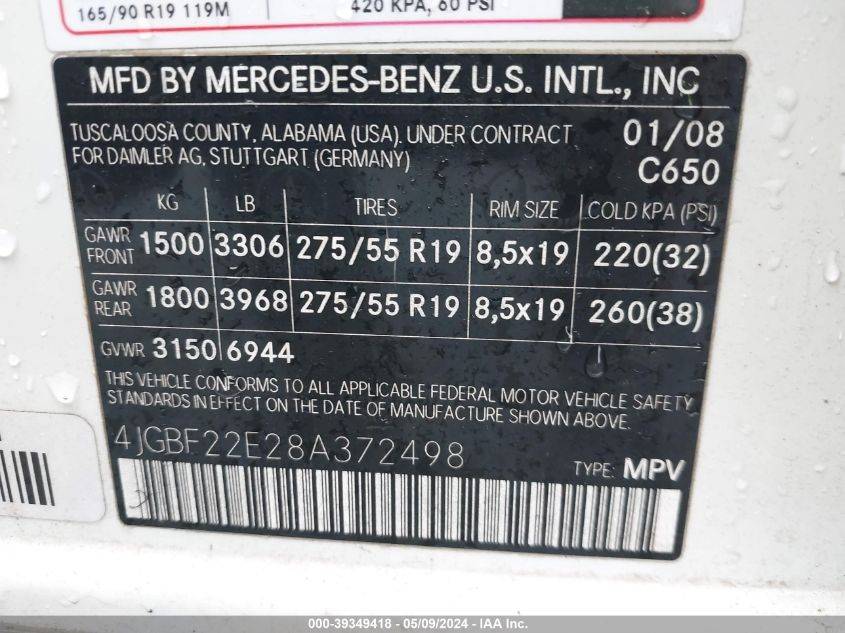 2008 Mercedes-Benz Gl 320 Cdi 4Matic VIN: 4JGBF22E28A372498 Lot: 39349418