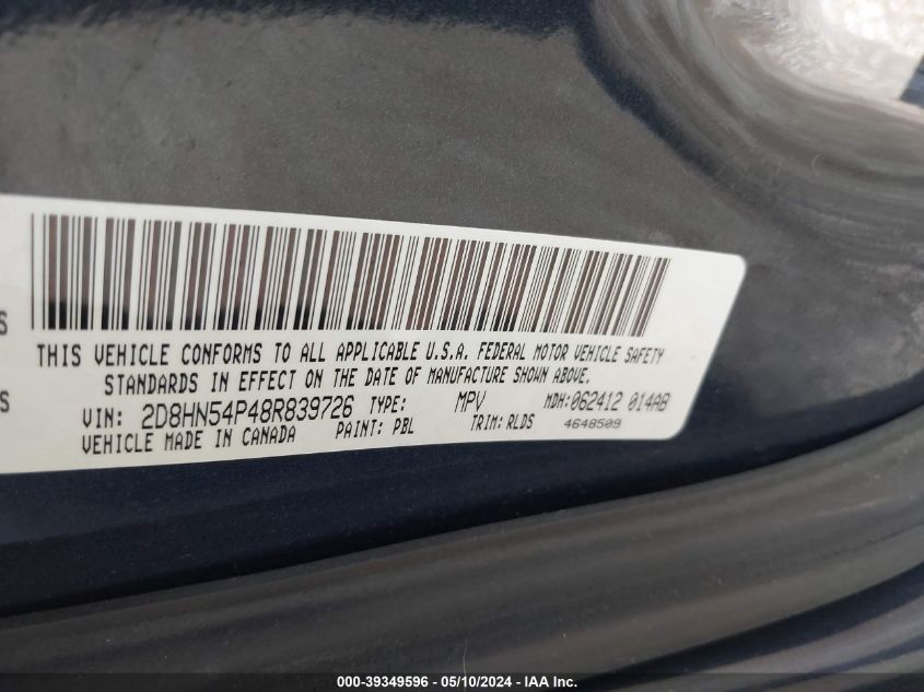 2008 Dodge Grand Caravan Sxt VIN: 2D8HN54P48R839726 Lot: 39349596