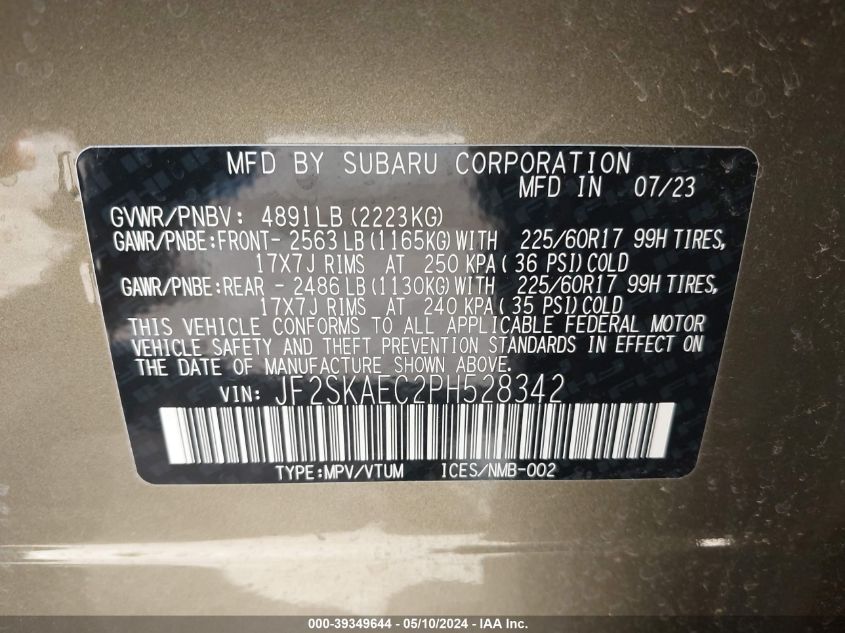 2023 Subaru Forester Premium VIN: JF2SKAEC2PH528342 Lot: 39349644