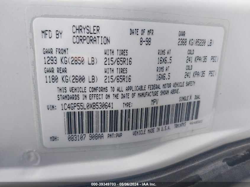 1C4GP55L0XB530641 1999 Chrysler Town & Country Sx