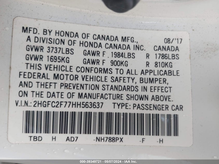 VIN 2HGFC2F77HH563637 2017 HONDA CIVIC EX