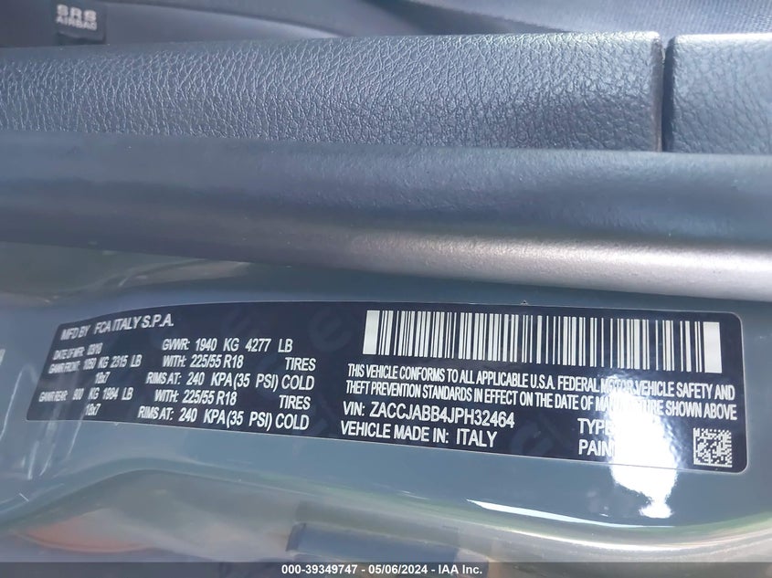 VIN ZACCJABB4JPH32464 2018 JEEP RENEGADE ALTITUDE FWD