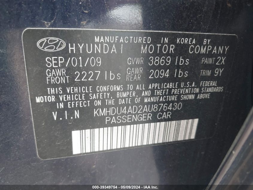 2010 Hyundai Elantra Se VIN: KMHDU4AD2AU876430 Lot: 39349754