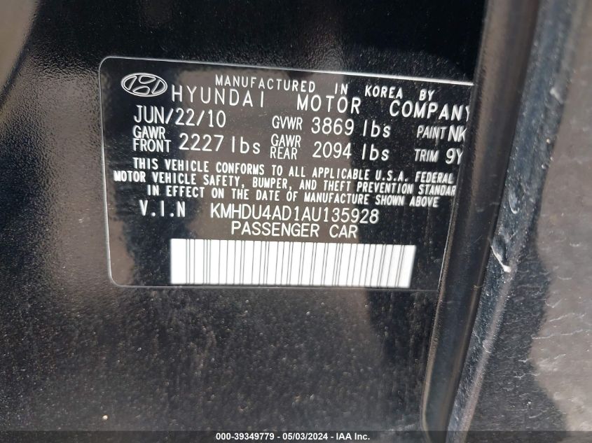 2010 Hyundai Elantra Se VIN: KMHDU4AD1AU135928 Lot: 39349779