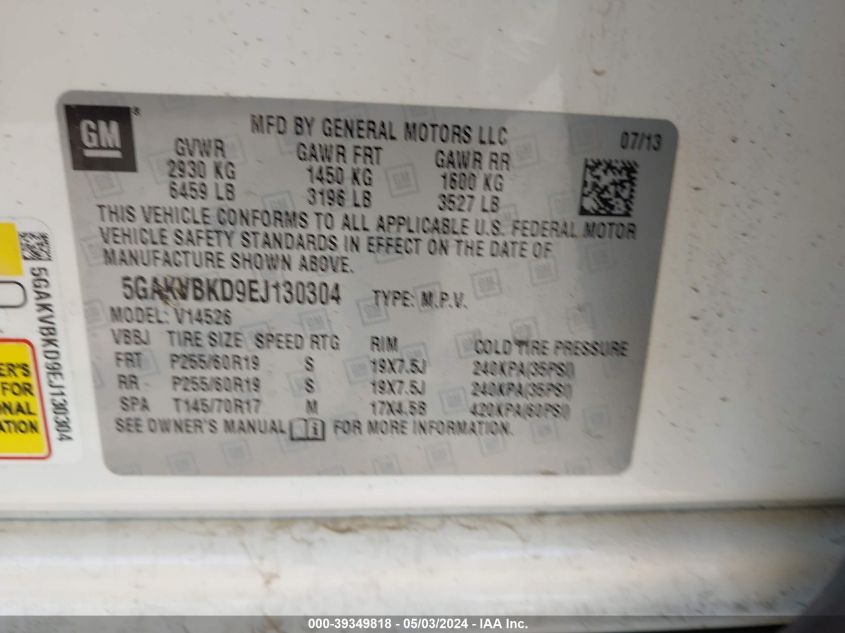 2014 Buick Enclave Leather VIN: 5GAKVBKD9EJ130304 Lot: 39349818