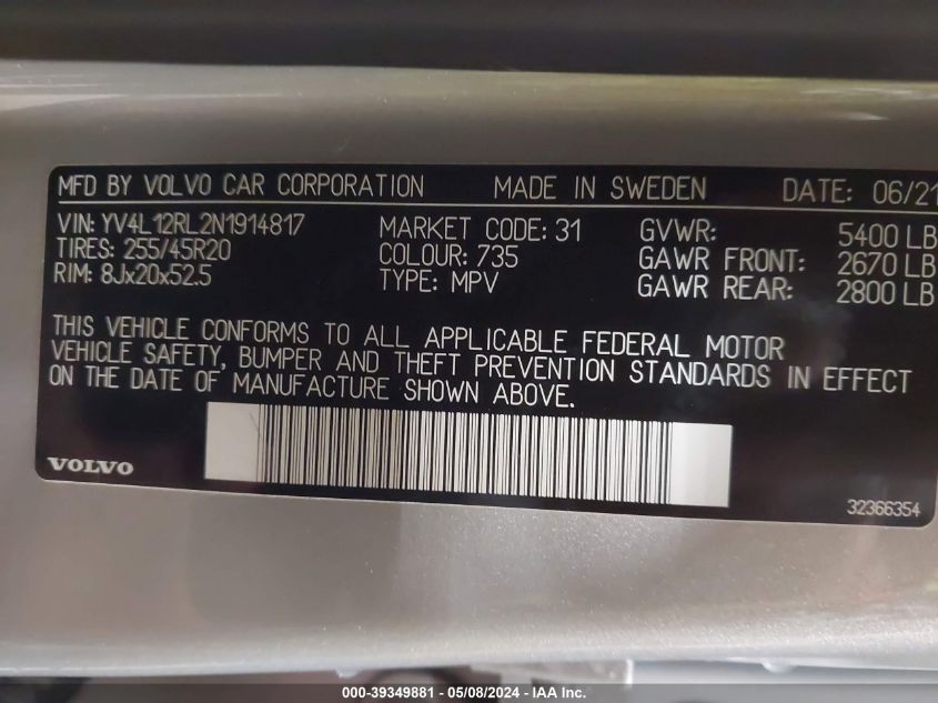 YV4L12RL2N1914817 2022 Volvo Xc60 B5 Inscription