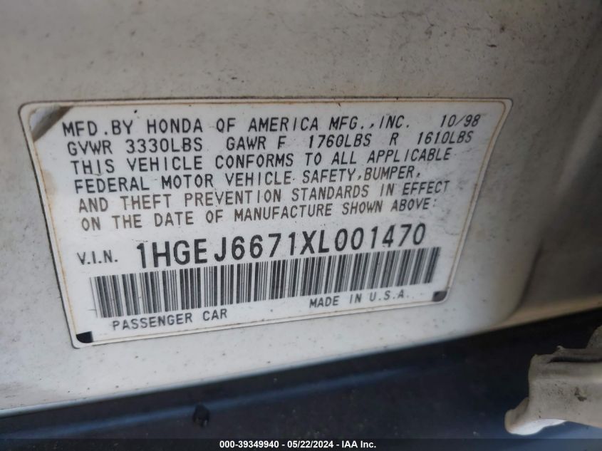 1HGEJ6671XL001470 1999 Honda Civic Lx