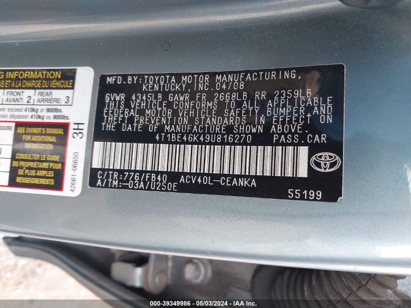 4T1BE46K49U816270 | 2009 TOYOTA CAMRY