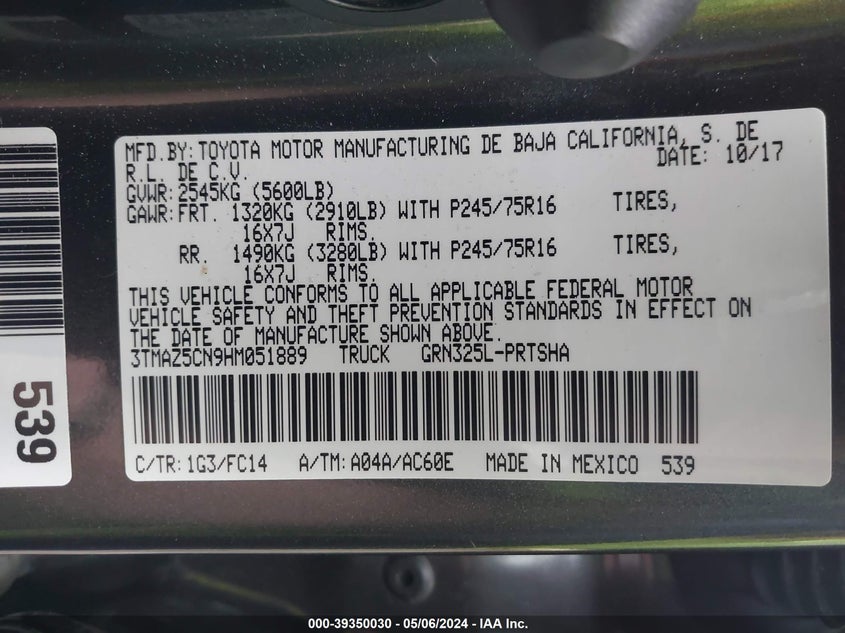 2017 Toyota Tacoma Sr5 V6 VIN: 3TMAZ5CN9HM051889 Lot: 39350030