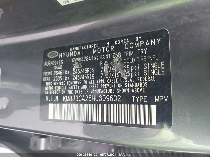 2017 HYUNDAI TUCSON LIMITED/SPORT AND ECO/SE - KM8J3CA28HU309602